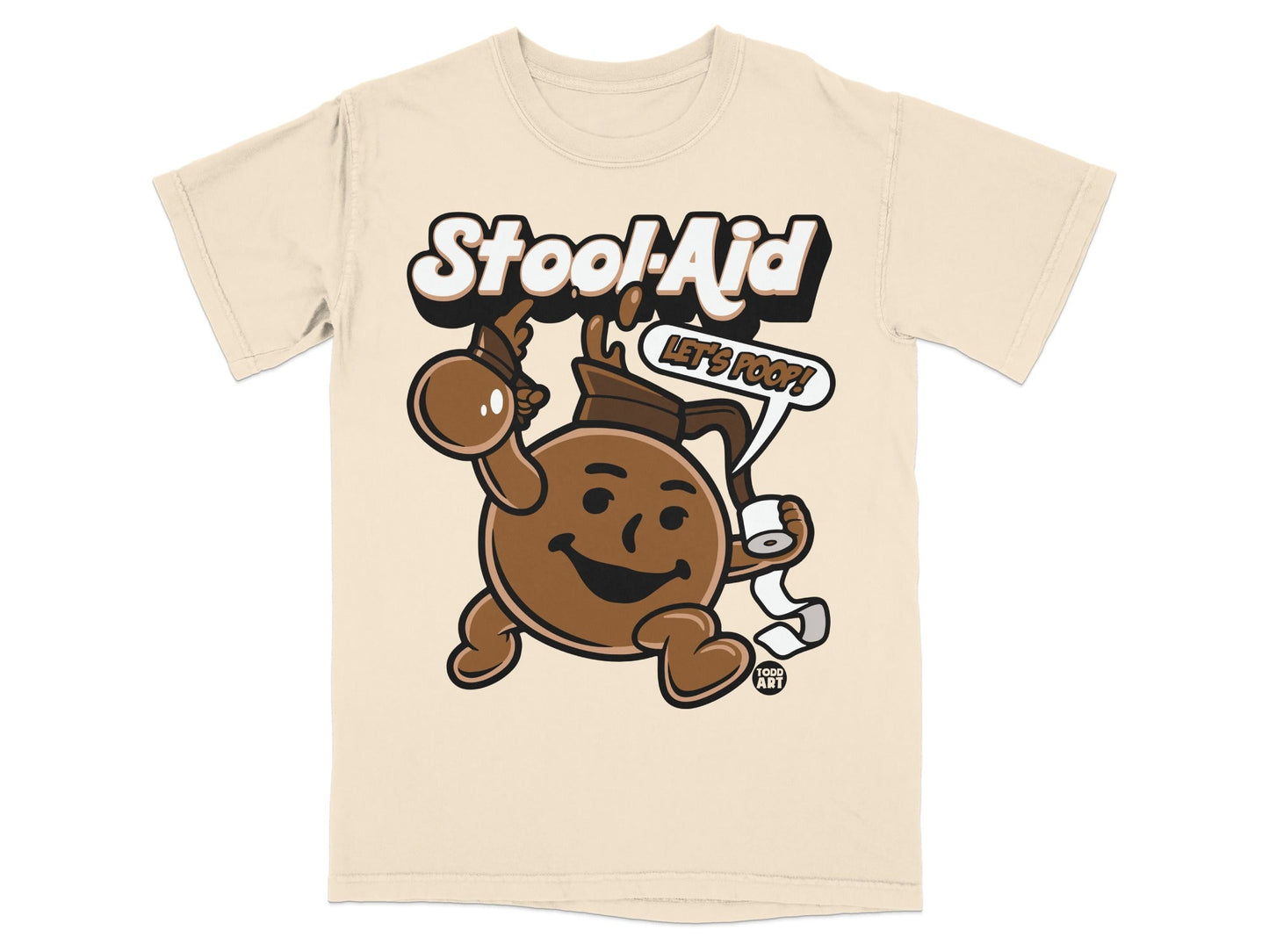 T-shirt featuring a cartoon character holding a toilet paper roll and saying "Let's Poop!".
