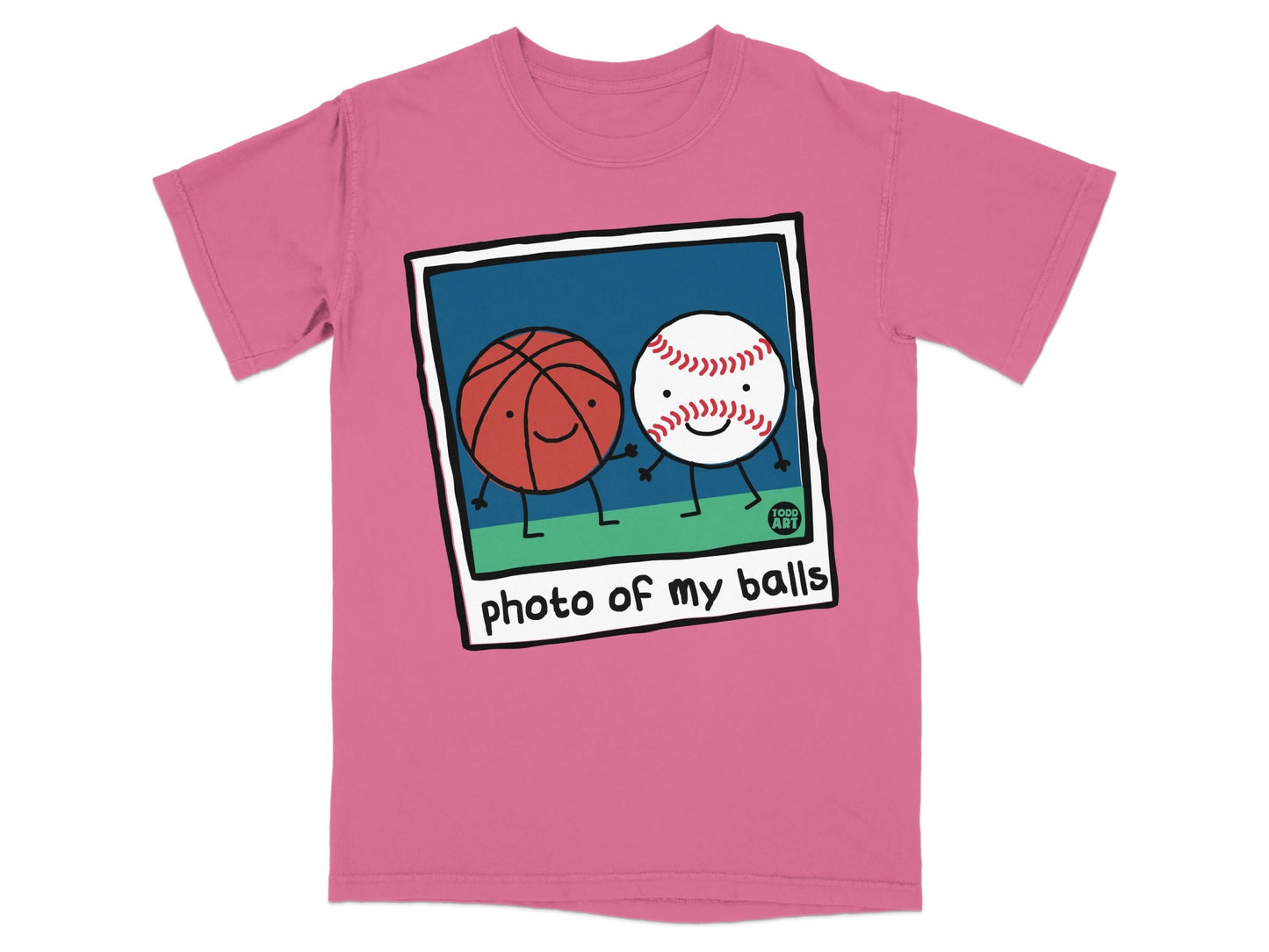Cartoon basketball and baseball friends on t-shirt.