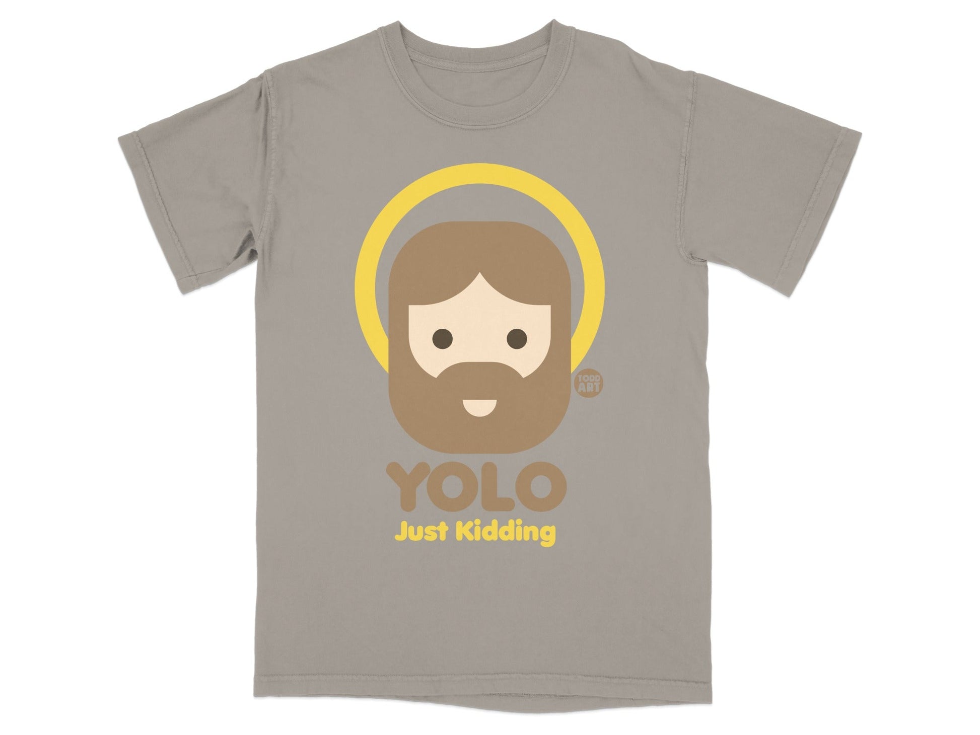 T-shirt with cartoon Jesus saying "YOLO Just Kidding".