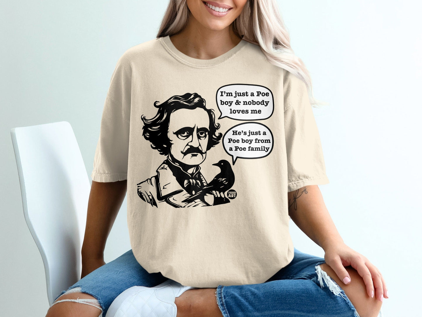 T-shirt with Edgar Allan Poe illustration and speech bubbles referencing Poe.