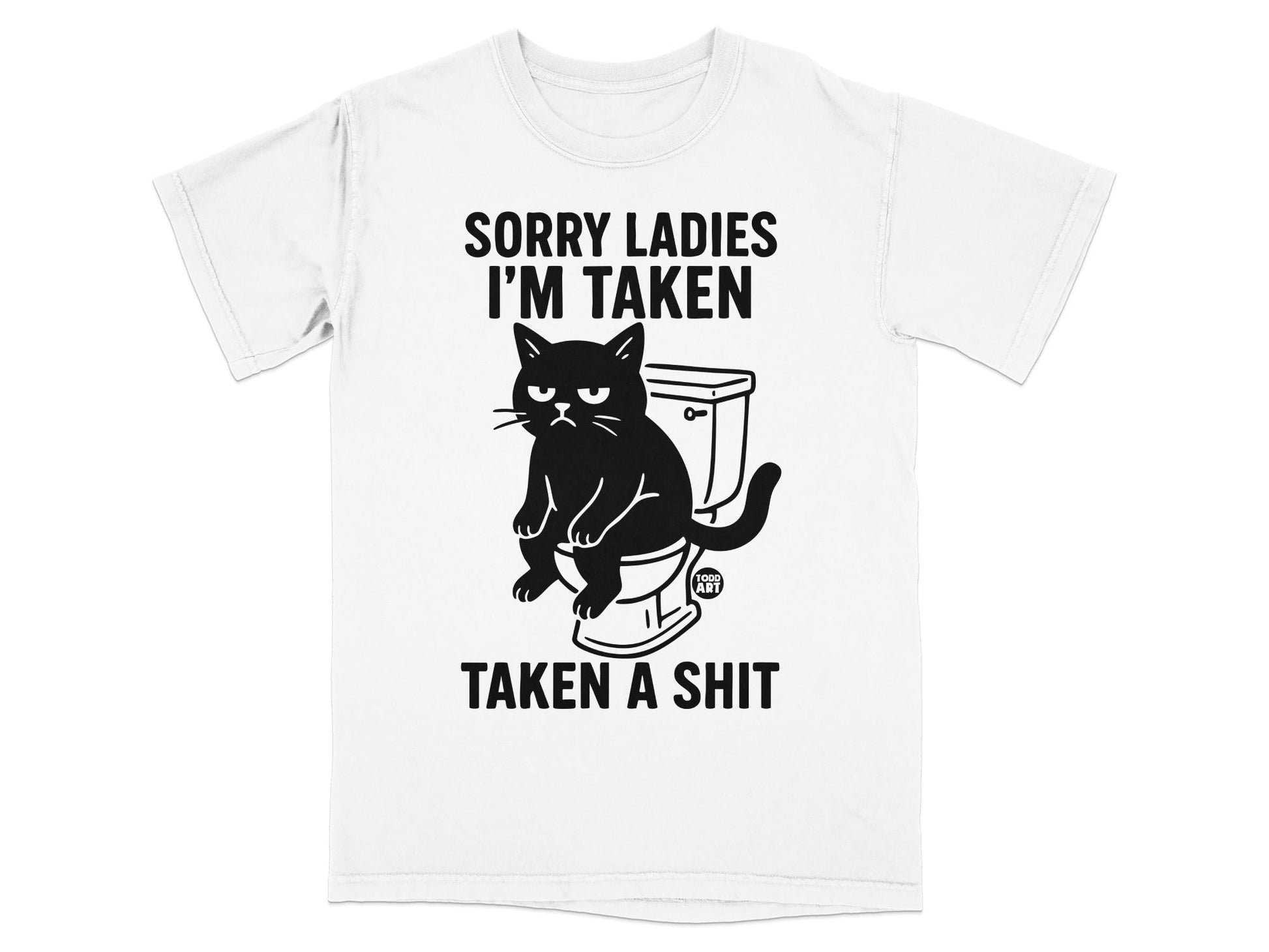 White t-shirt with black text and a grumpy cat sitting on a toilet.