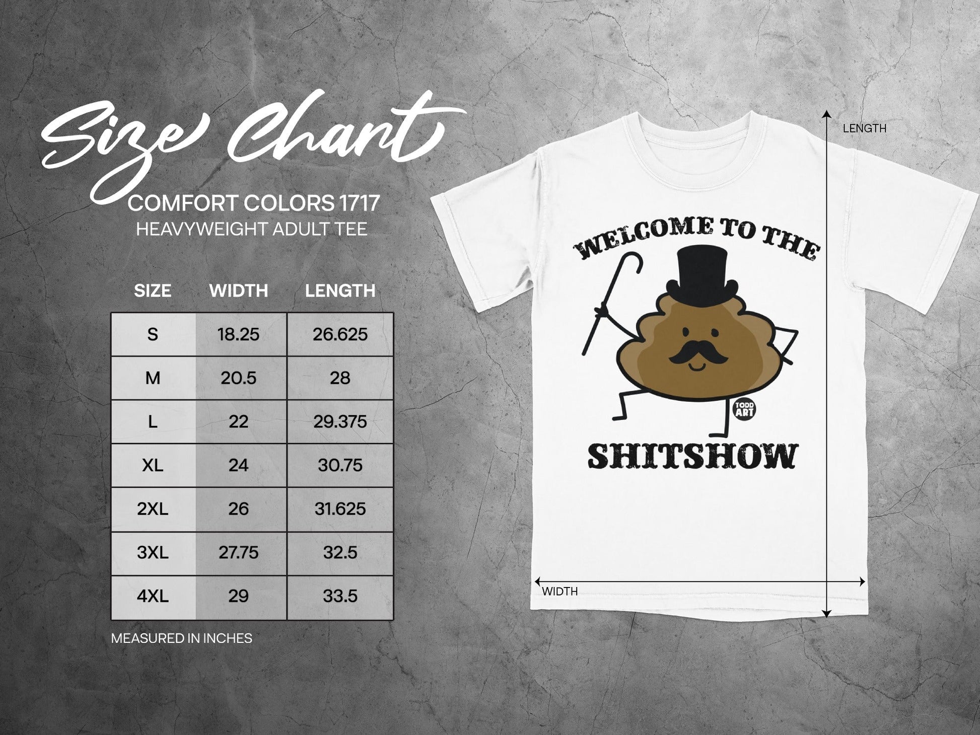 Size chart with humorous graphic of a top-hatted poop character and "WELCOME TO THE SHITSHOW".