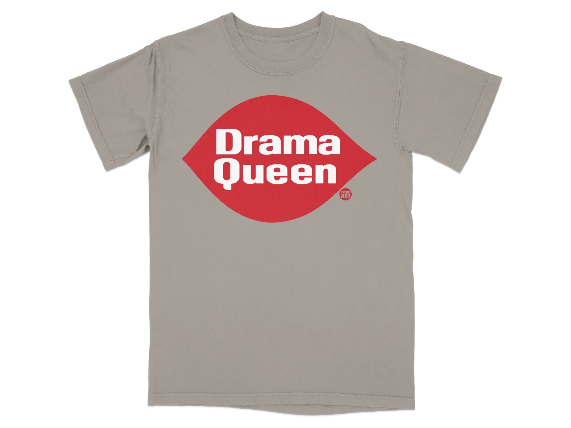 Grey t-shirt with red lipstick-shaped graphic that reads "Drama Queen".