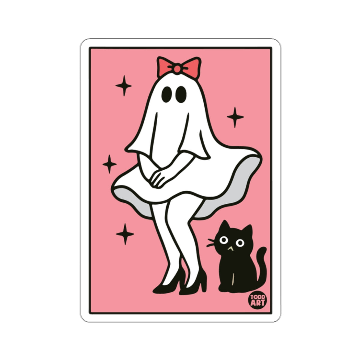 Cute Ghost Pink Background Black Cat Stars 