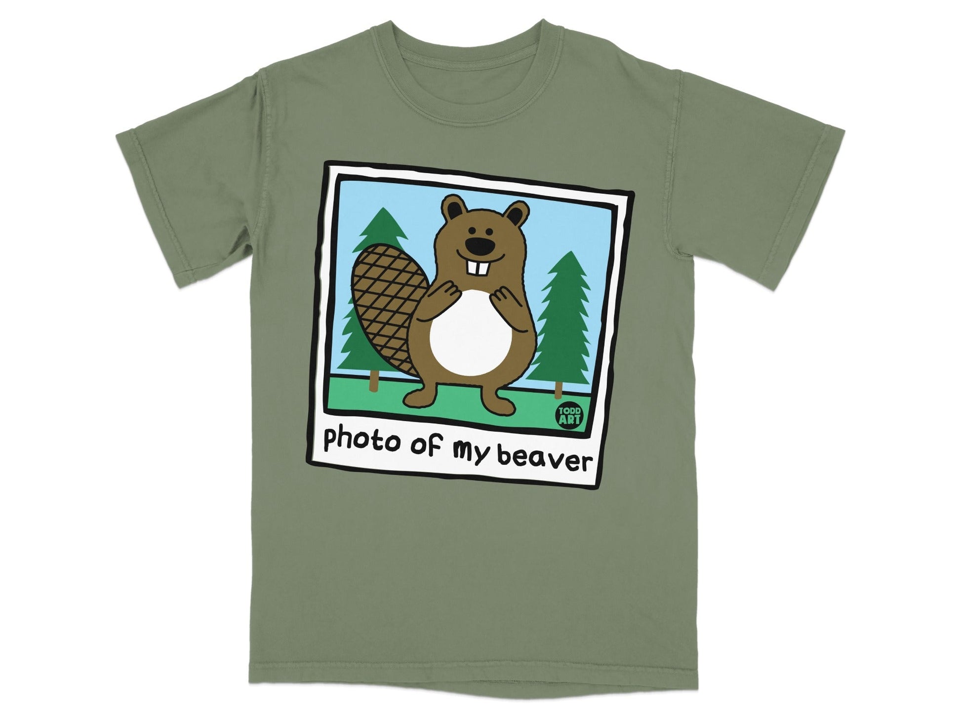 T-shirt with cartoon beaver in a photo frame labeled "photo of my beaver."