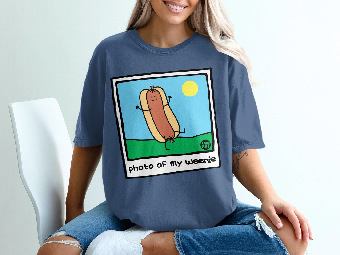 Cartoon hot dog with arms and legs smiling under a sun.