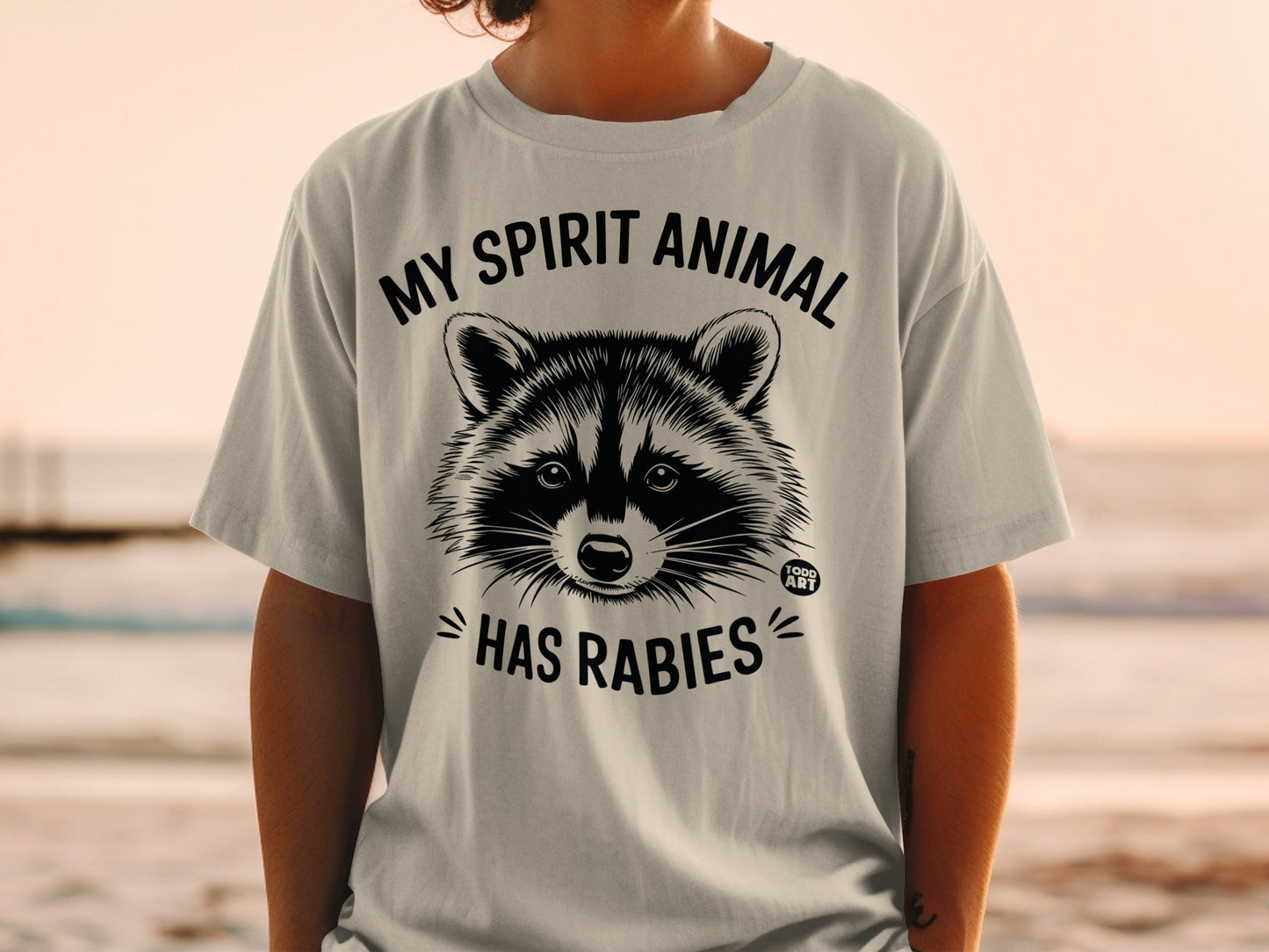 T-shirt with raccoon graphic and "MY SPIRIT ANIMAL HAS RABIES" text.