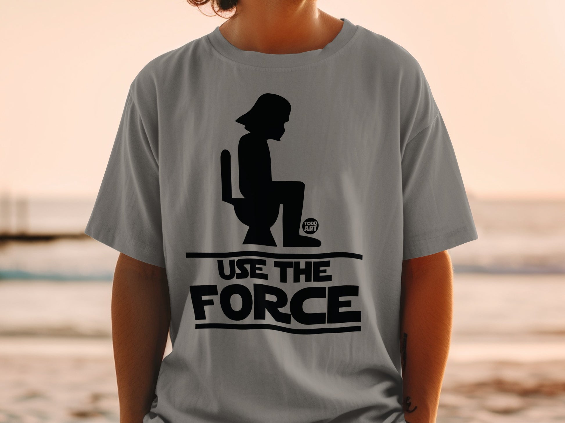Grey t-shirt with Darth Vader silhouette on a toilet, "USE THE FORCE" text.