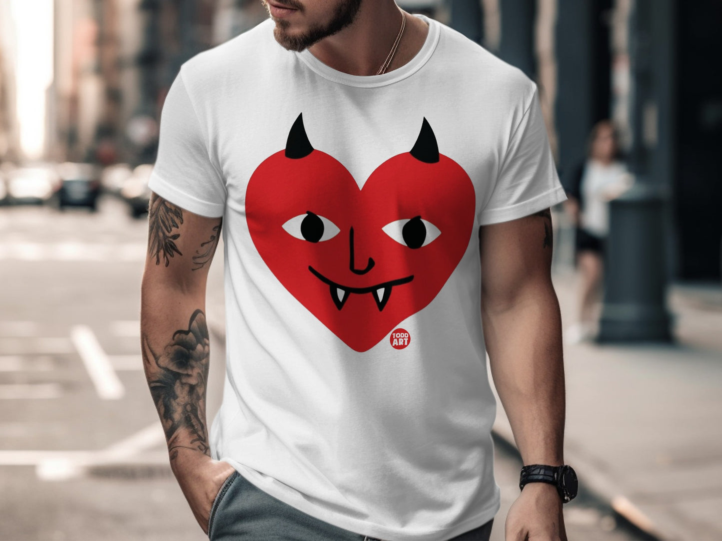 White T-shirt with Red Heart Demon Face Design