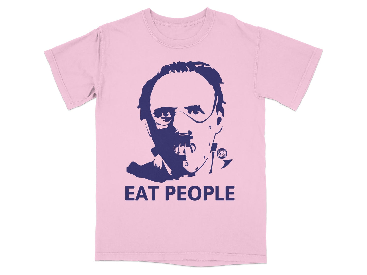Pink t-shirt with a stencil-style illustration of Hannibal Lecter and text "EAT PEOPLE".