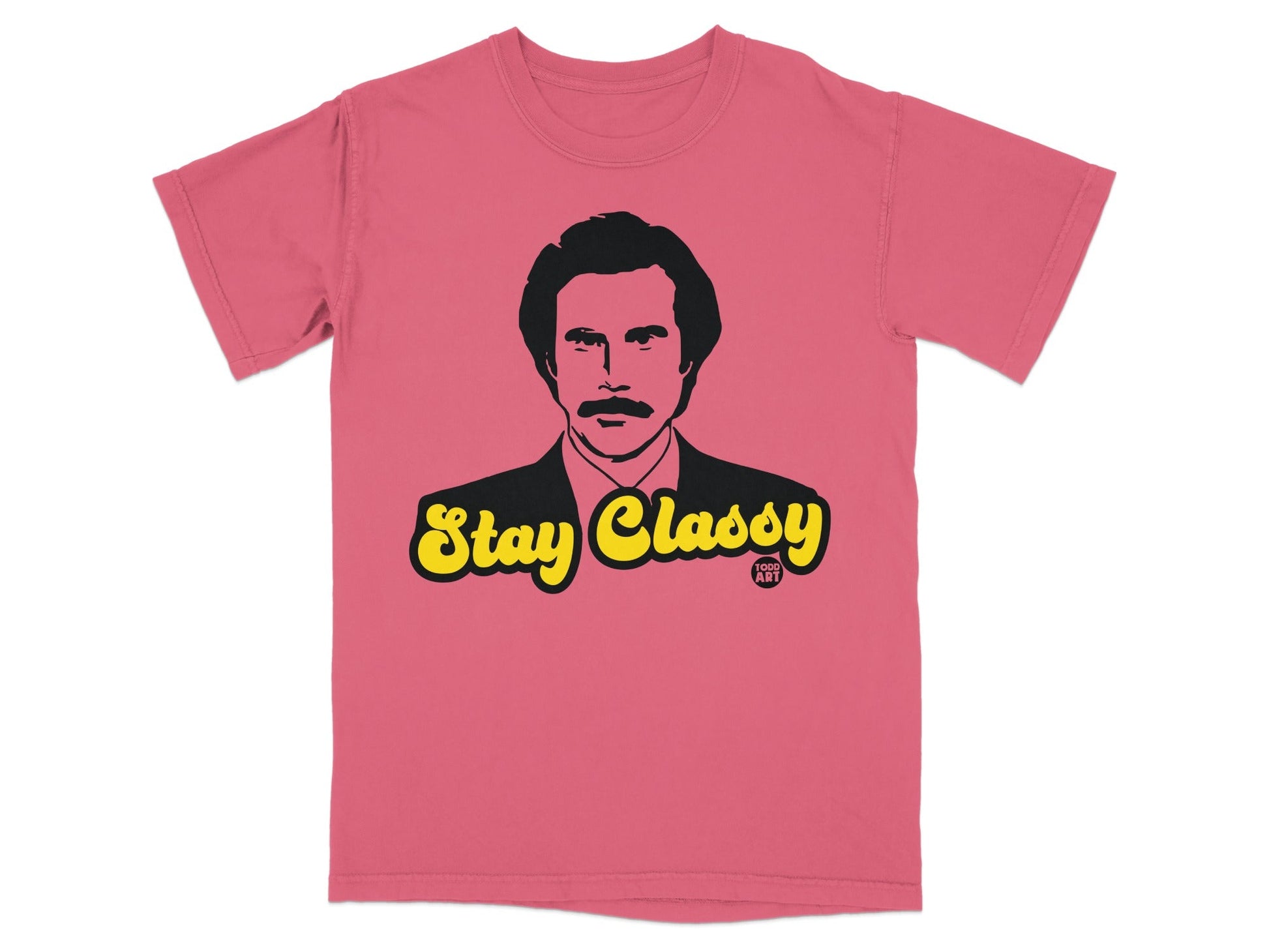 Coral t-shirt with Will Ferrell as Ron Burgundy and "Stay Classy" text.