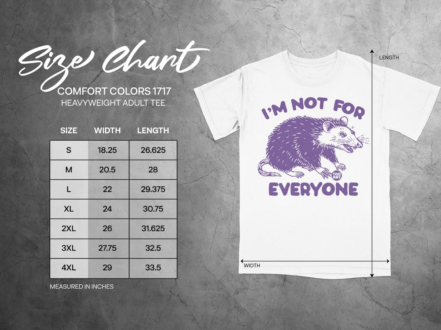 Comfort Colors 1717 size chart with t-shirt graphic.