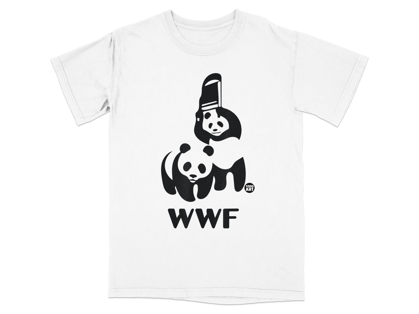 White t-shirt with WWF logo featuring two pandas and a marching band hat.