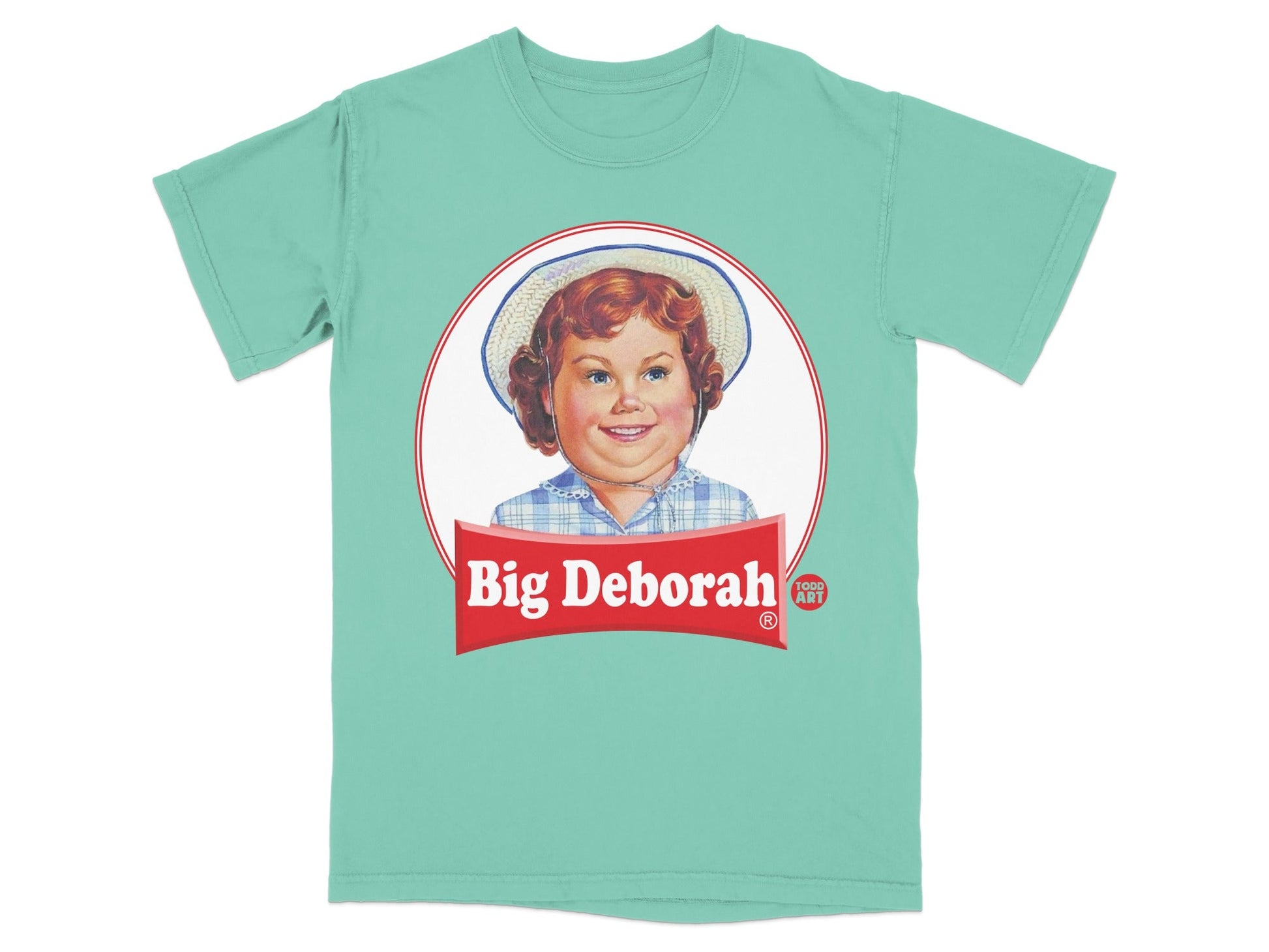 Teal t-shirt with "Big Deborah 100% ART" and a woman's portrait.