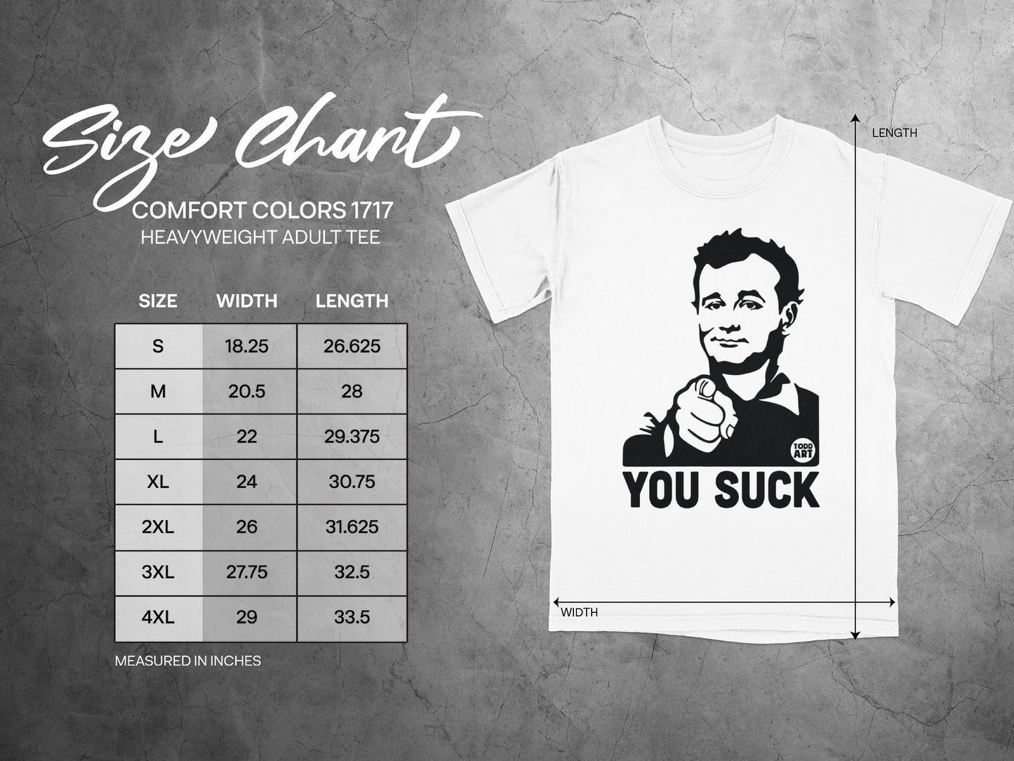 Size chart with measurements for Comfort Colors 1717 heavyweight adult tee.