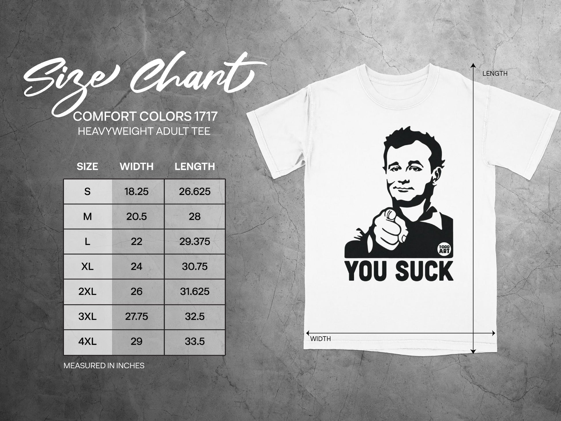 Size chart with measurements for Comfort Colors 1717 heavyweight adult tee.