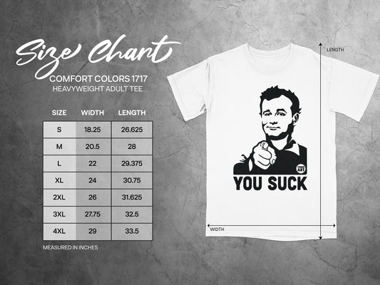 Size chart with measurements for Comfort Colors 1717 heavyweight adult tee.