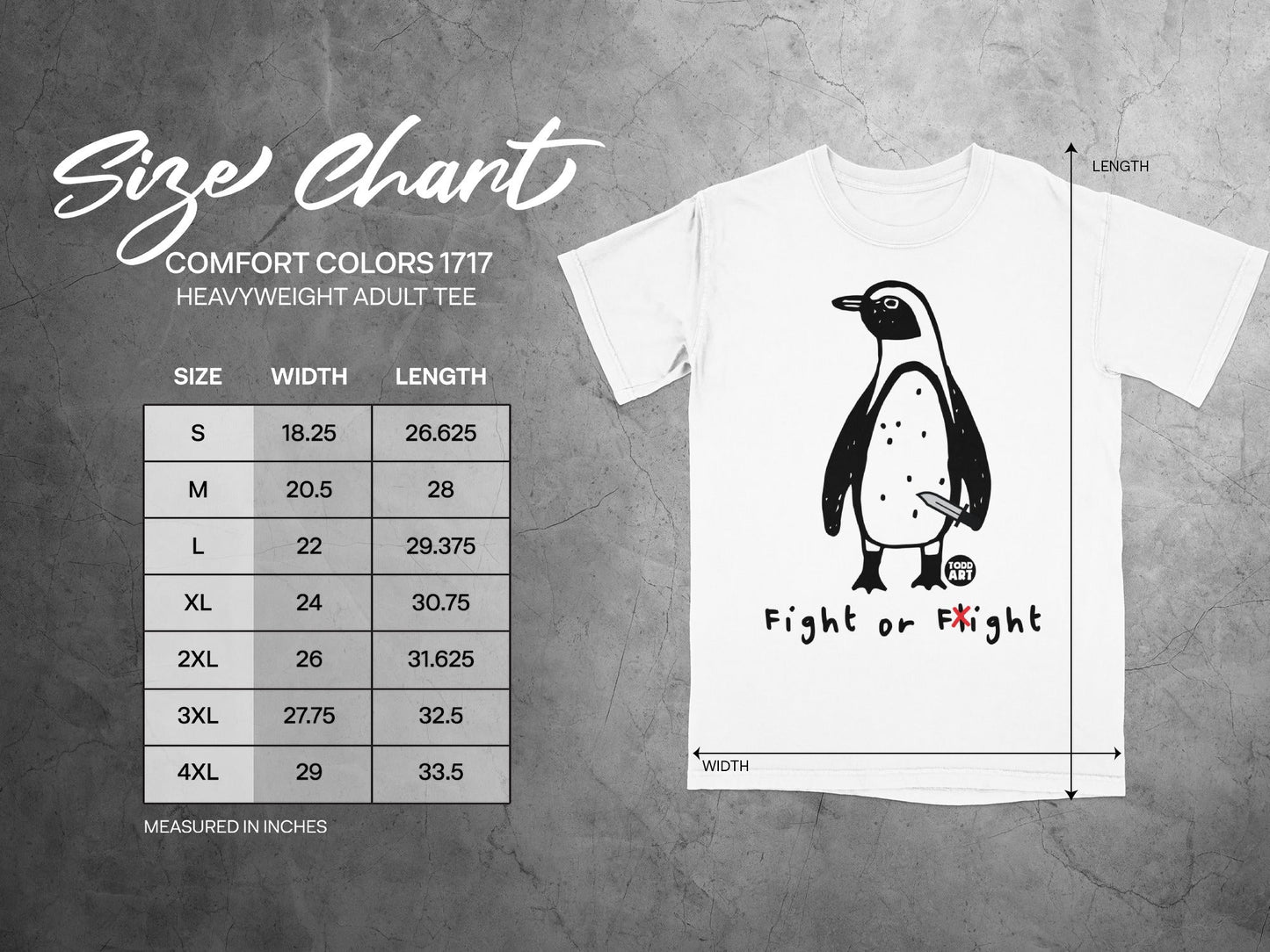 Comfort Colors 1717 heavyweight adult tee size chart with penguin graphic.