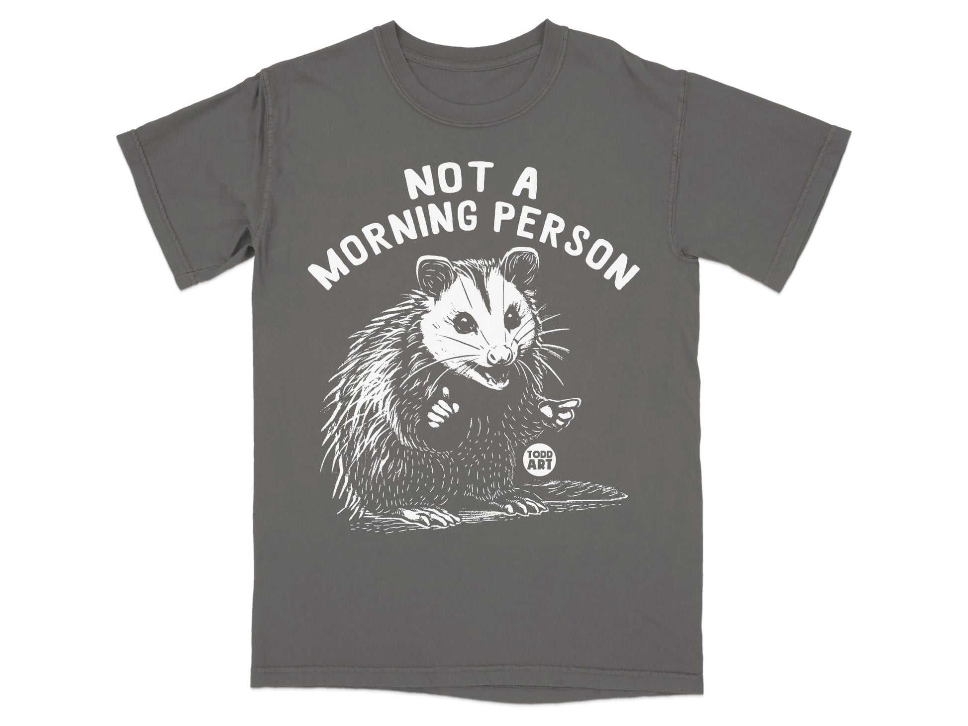 Gray t-shirt with white illustration of a possum and text "NOT A MORNING PERSON".
