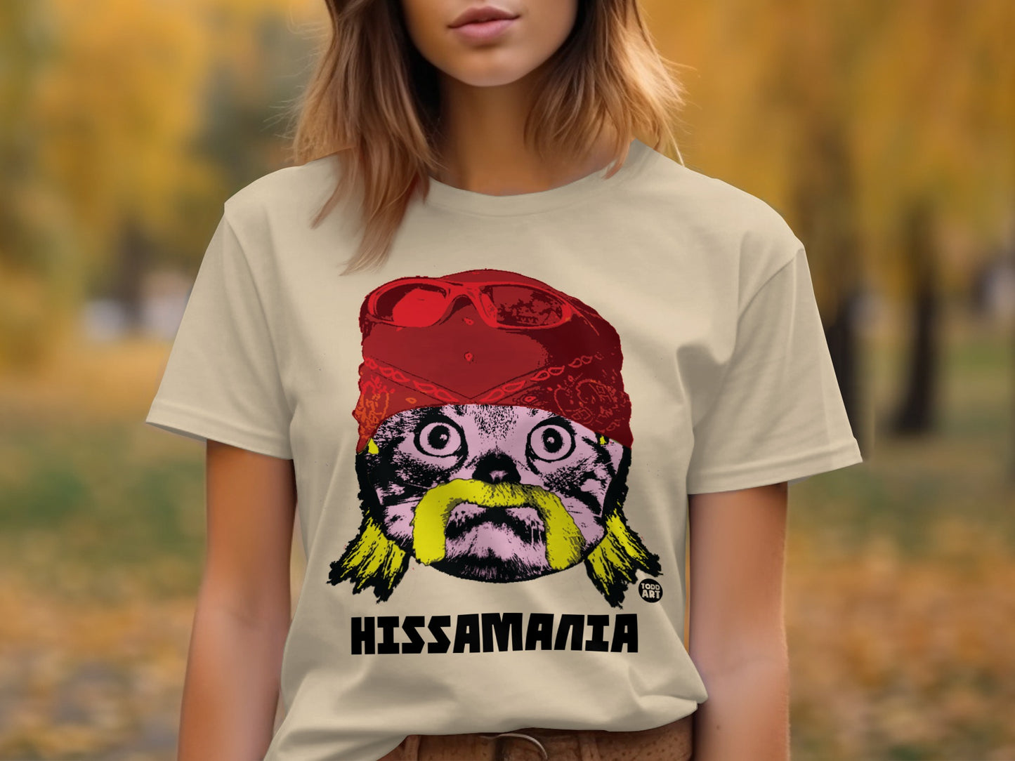Hissamania Cat with Red Hat and Yellow Mustache Shirt
