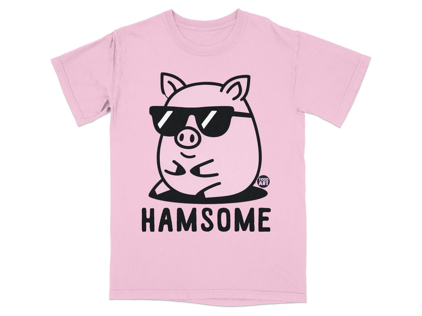 Pink t-shirt with a cartoon pig wearing sunglasses and the text "HAMSOME".