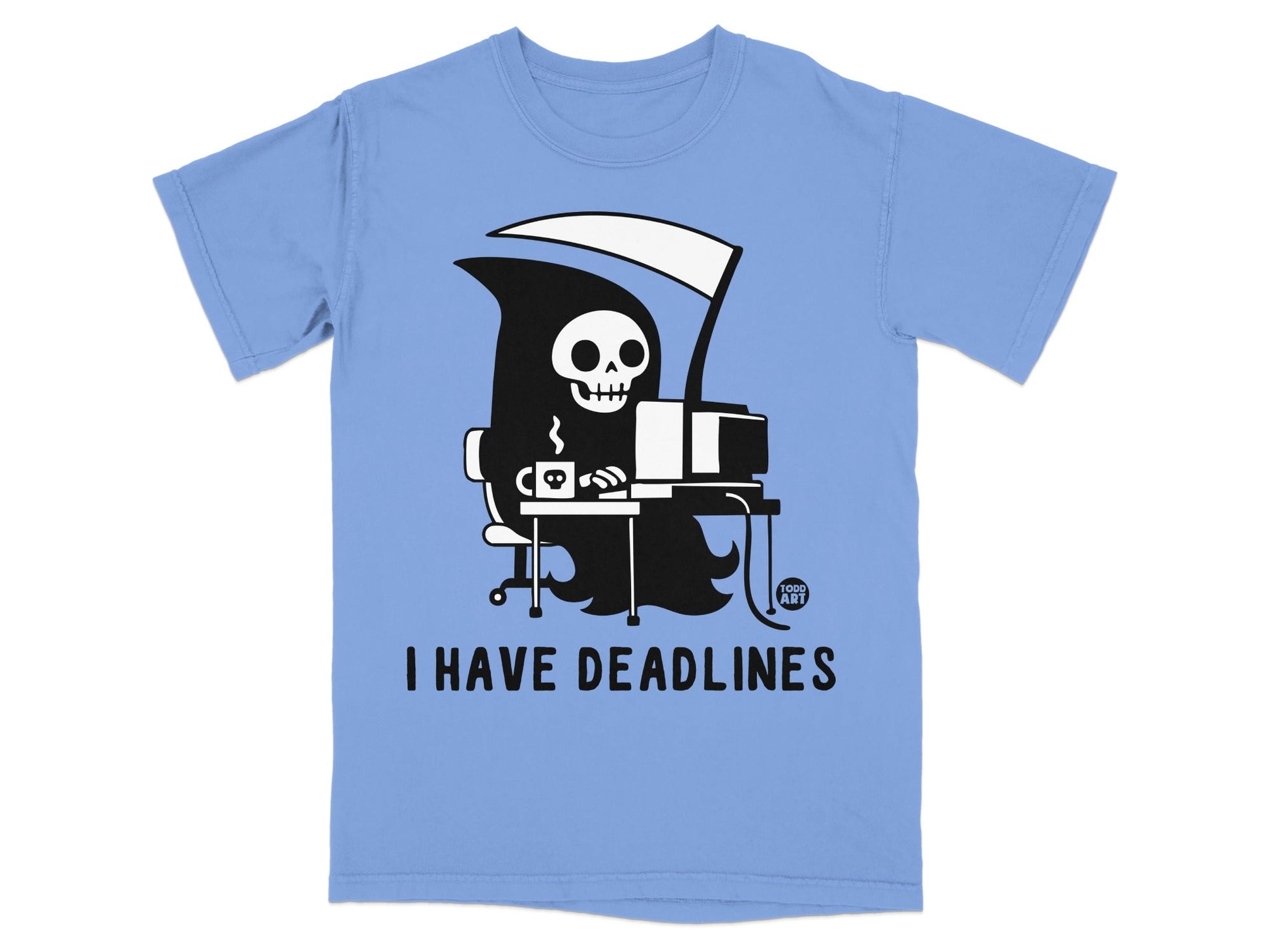 Grim reaper at a computer with text "I HAVE DEADLINES".