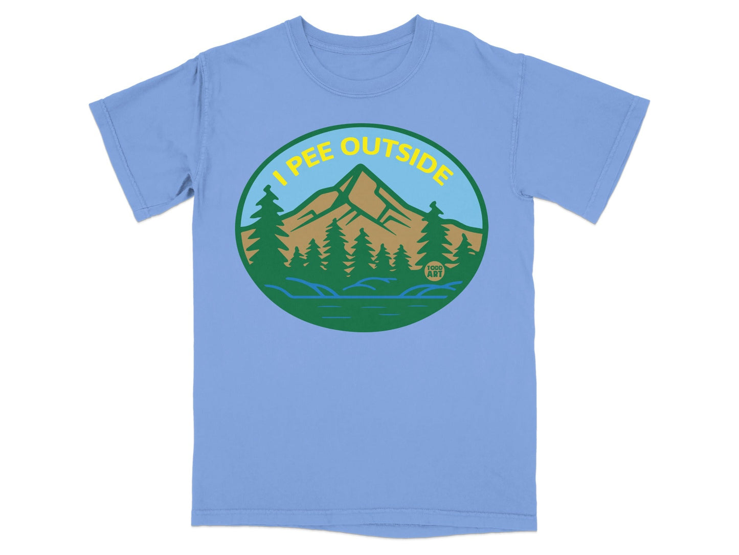 T-shirt graphic with text "I pee outside" over a mountain landscape.