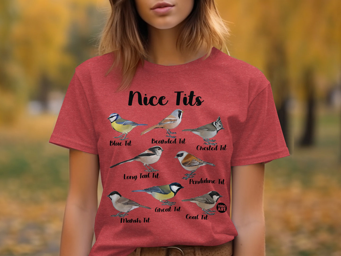 Nice Tits Bird Species Illustration on Red Shirt