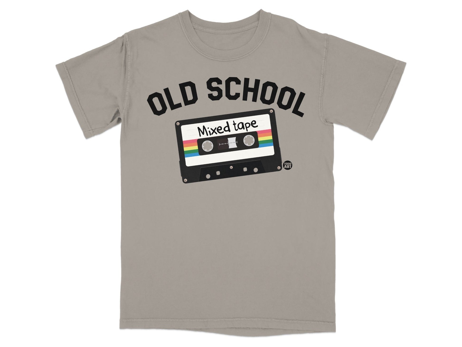 Grey t-shirt with "OLD SCHOOL Mixed tape" and a cassette tape graphic.