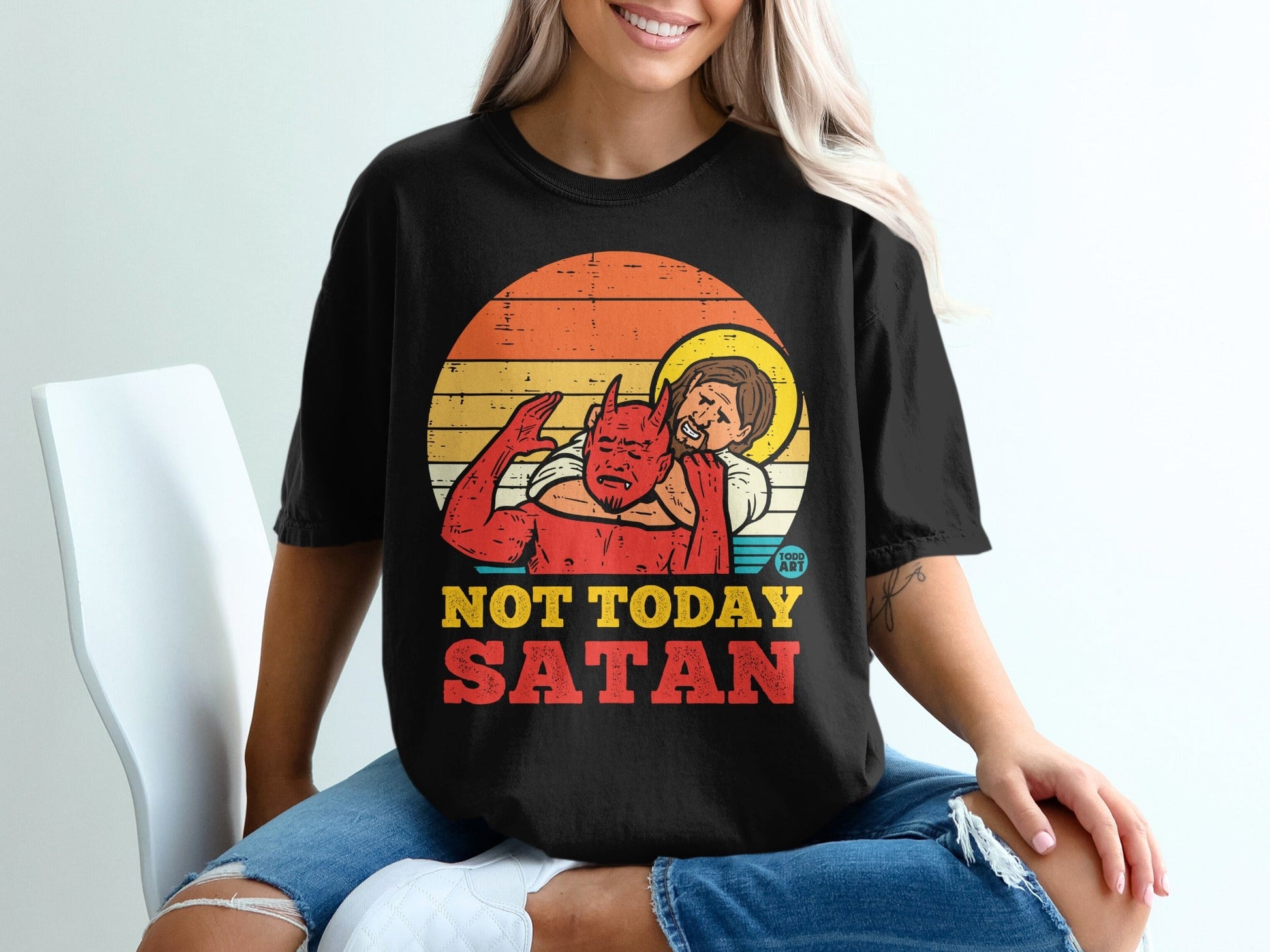 Jesus in sunset graphic on black t-shirt with text "NOT TODAY SATAN".