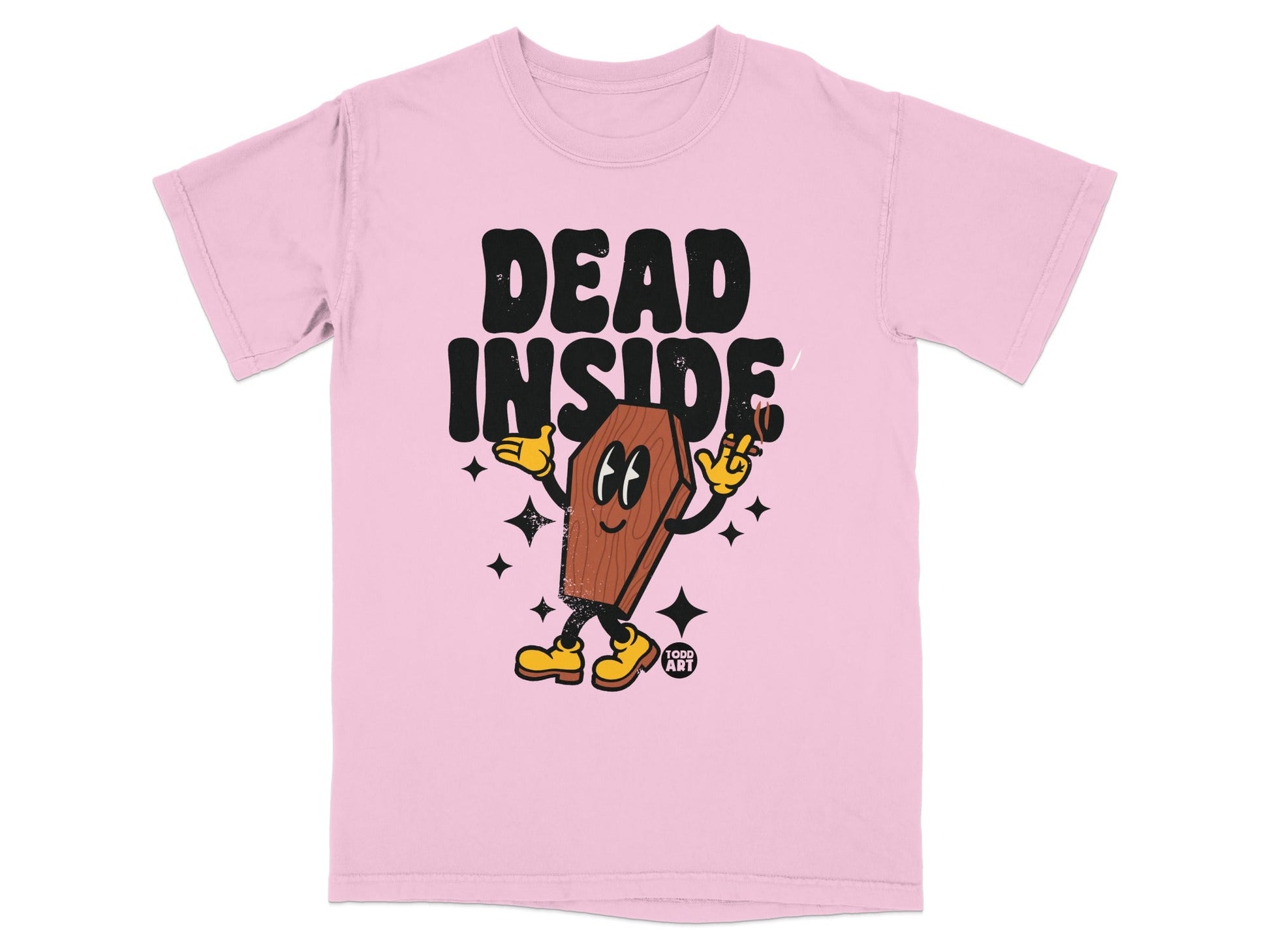 Pink t-shirt with cartoon coffin character that reads "DEAD INSIDE."
