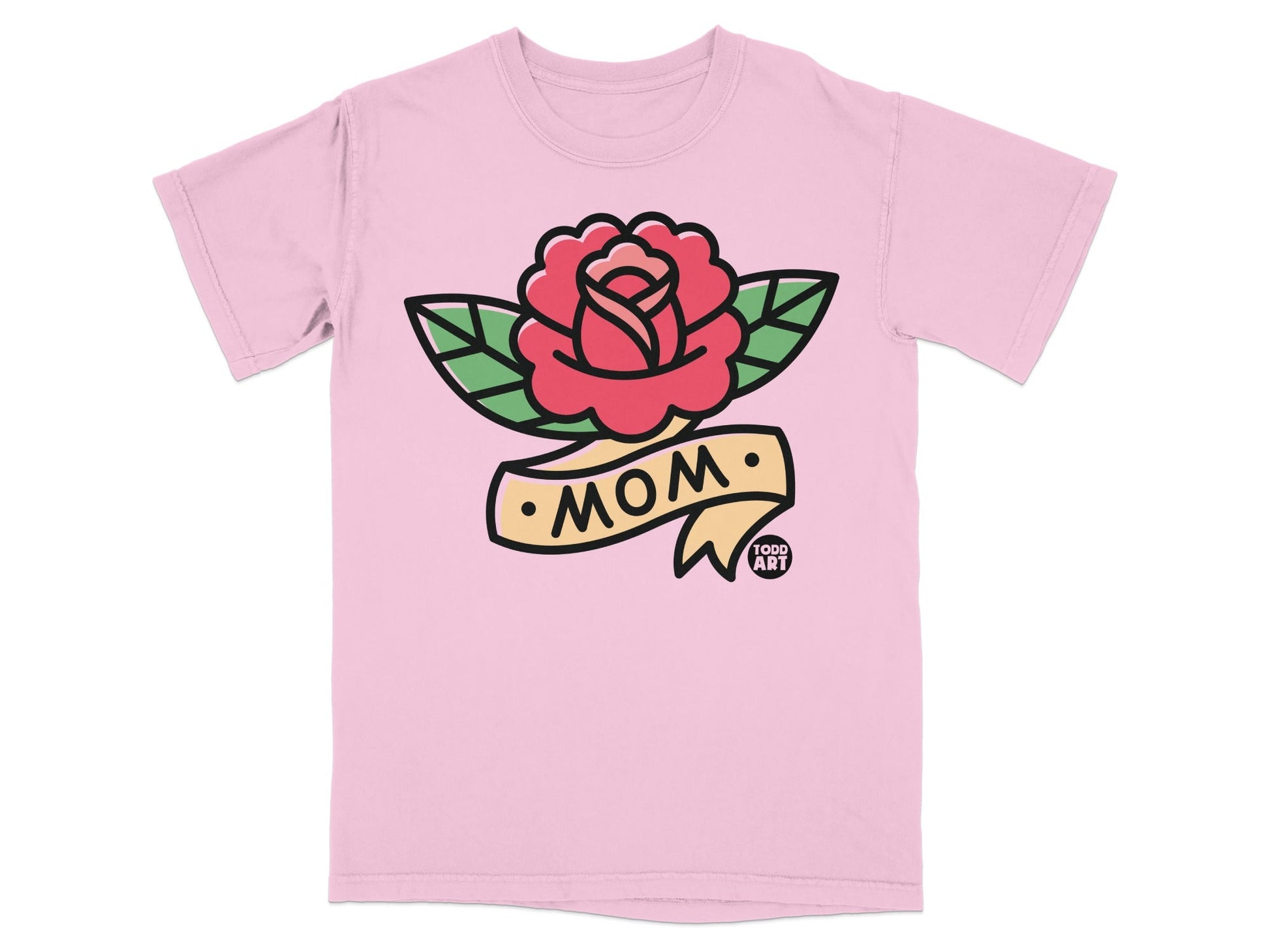 Pink t-shirt with rose and "MOM" banner graphic.