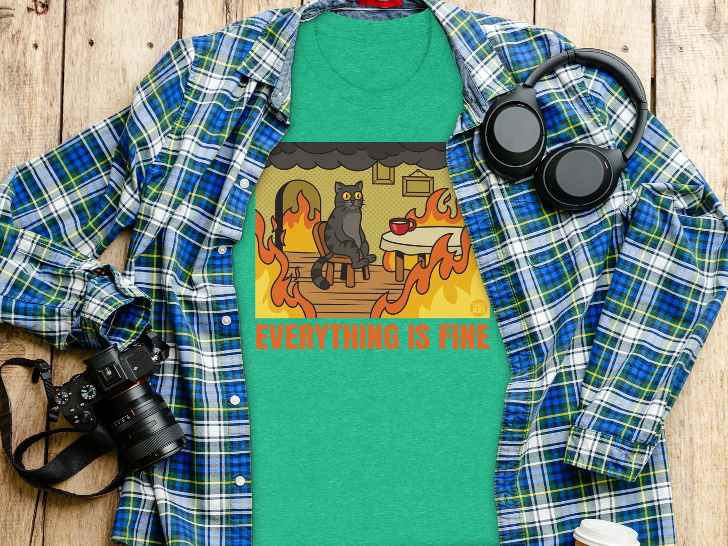 Everything Is Fine Cat Fire Scene Graphic Tee Shirt