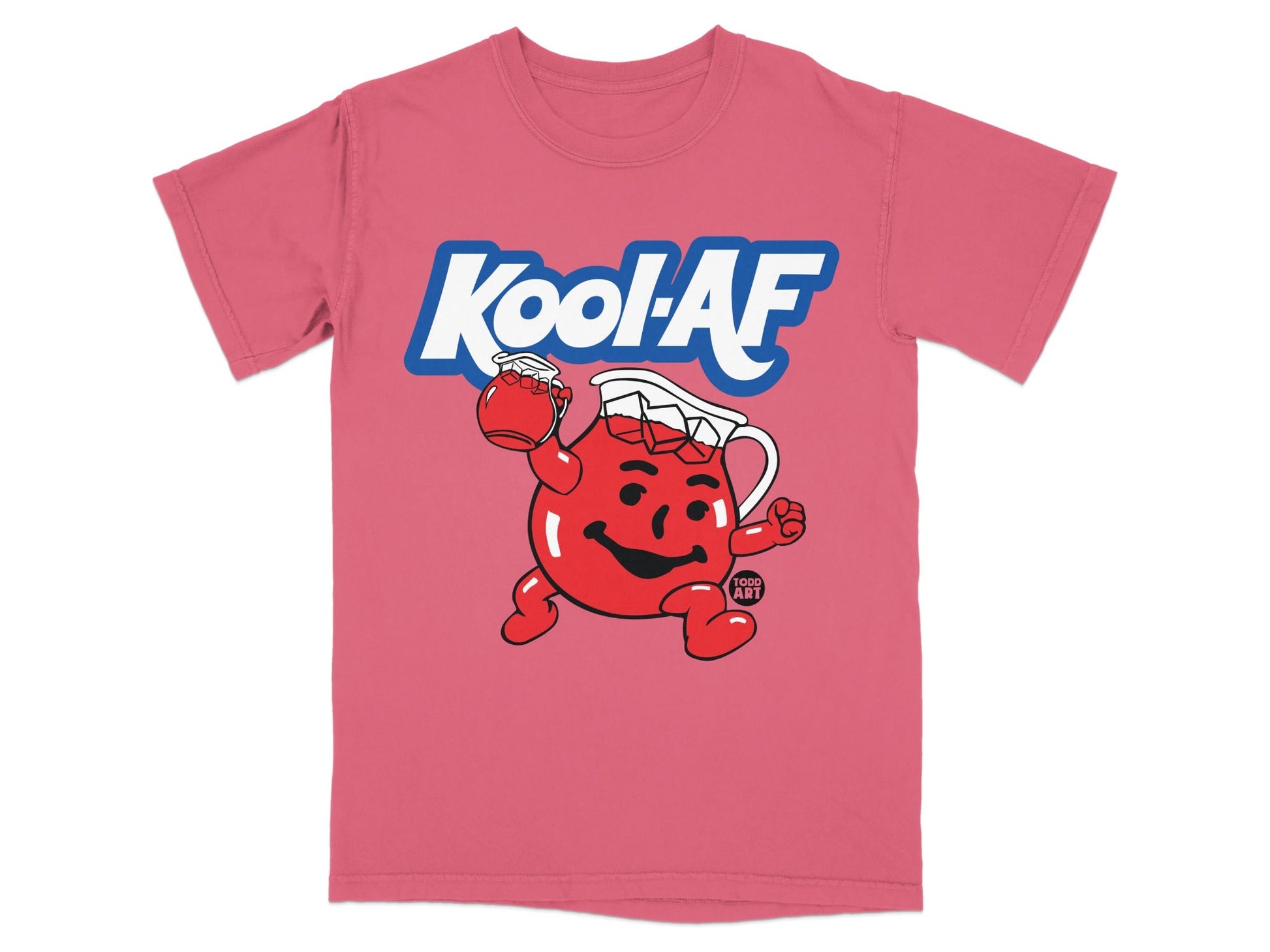 Kool-Aid Man cartoon character holding a pitcher of red Kool-Aid on a pink t-shirt.