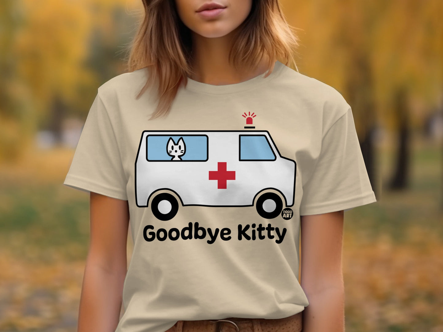 'Goodbye Kitty Tee with Fun Ambulance Cartoon Design'