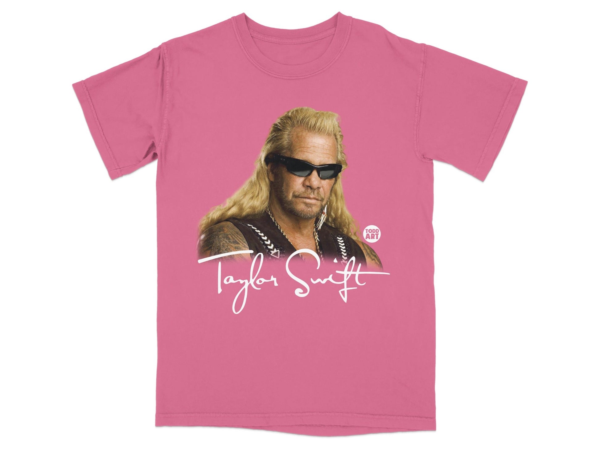 Pink t-shirt with graphic of Dog the Bounty Hunter and "Taylor Swift" text.