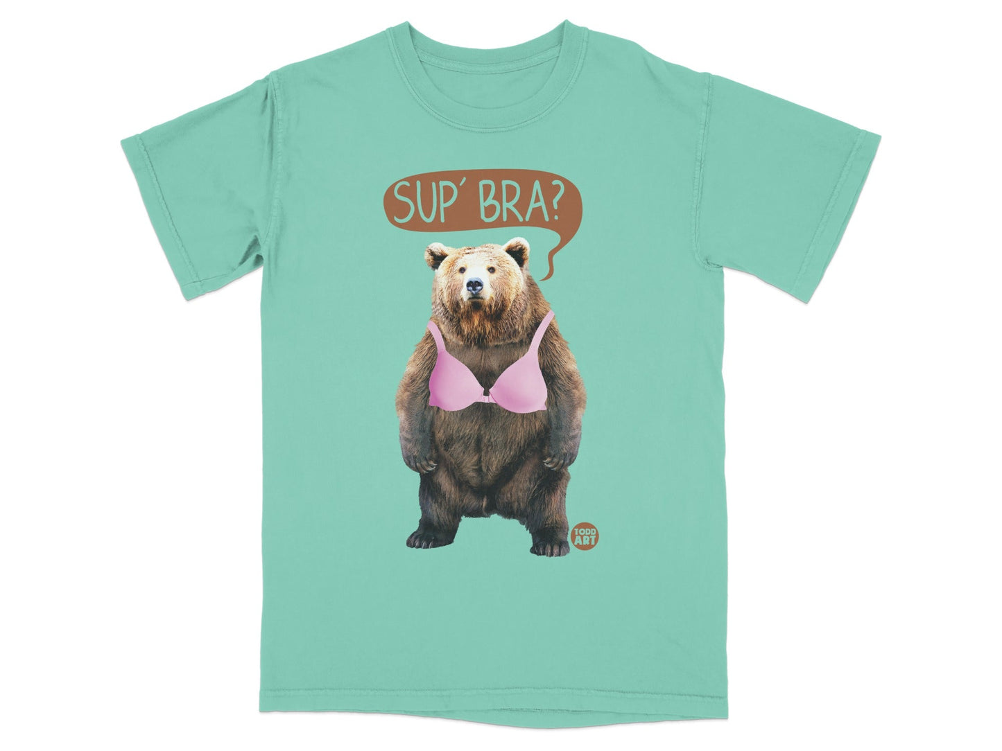 Sup' Bra Bear Wearing Pink Bra Graphic T-shirt