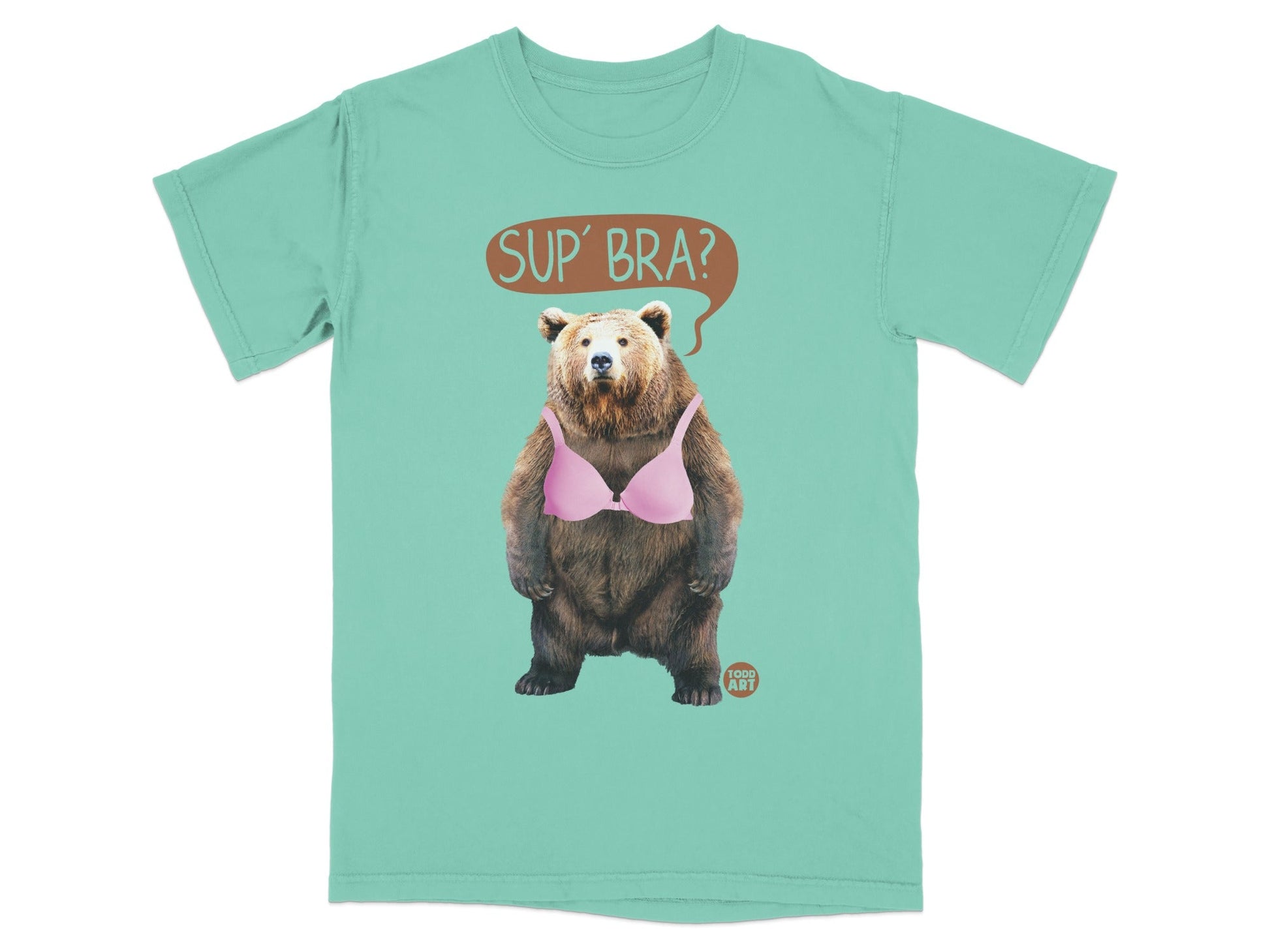 Sup' Bra Bear Wearing Pink Bra Graphic T-shirt