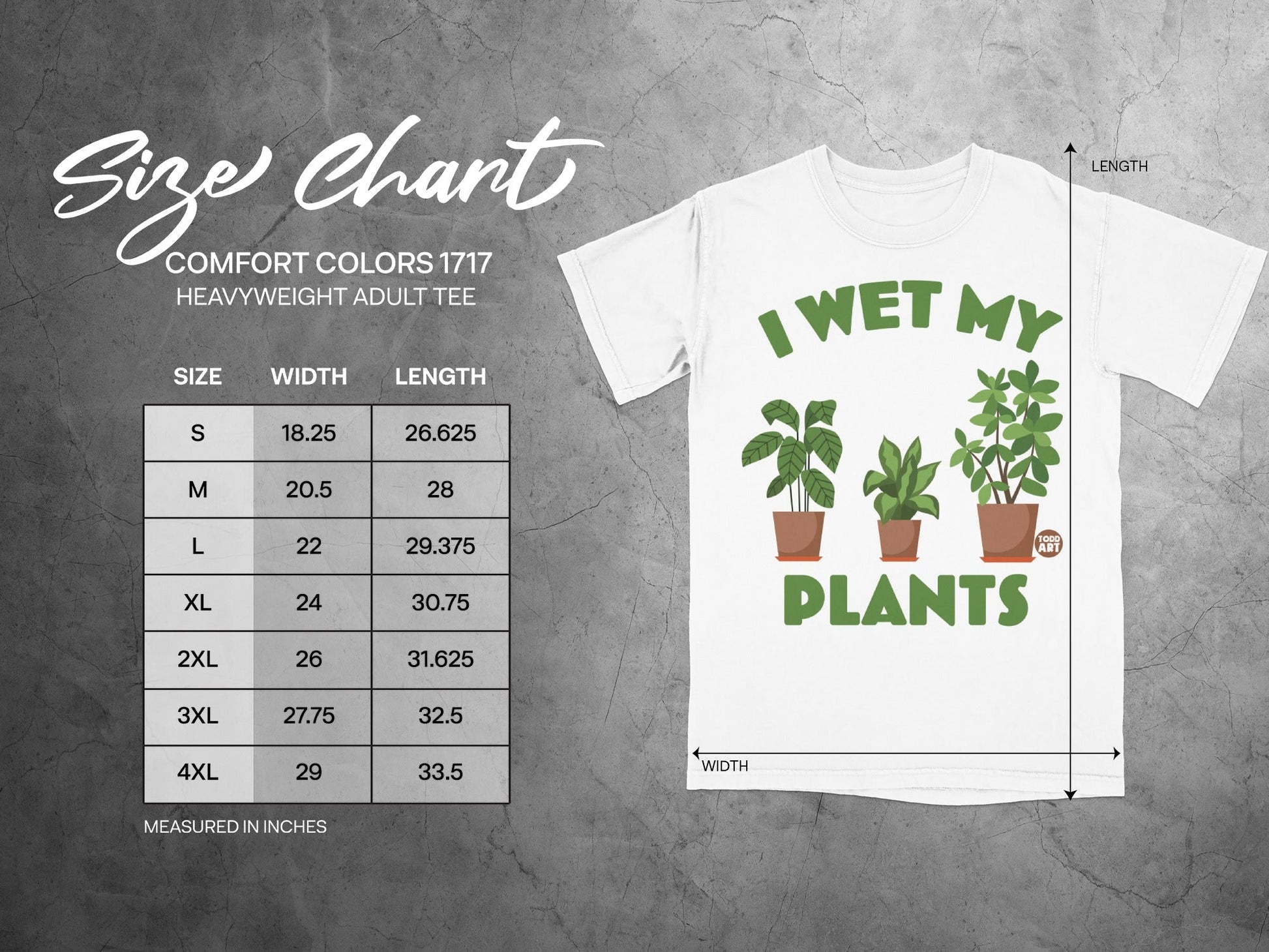 Size chart for Comfort Colors 1717 heavyweight adult tee with plant graphic.