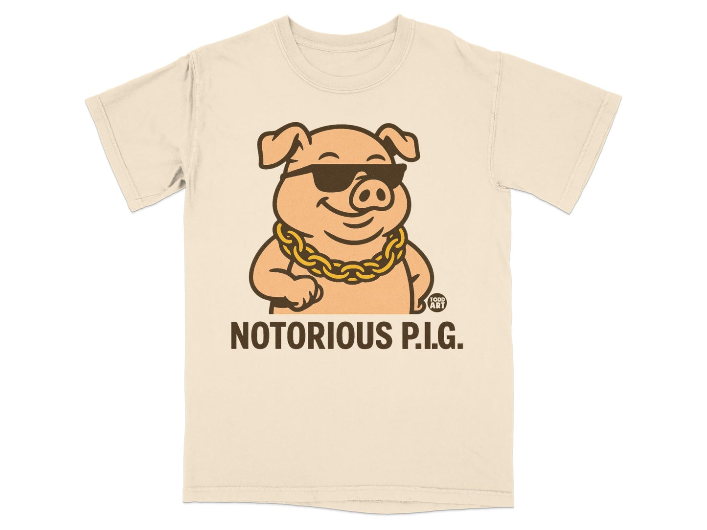 Cream t-shirt with sunglasses-wearing pig wearing a gold chain and "NOTORIOUS P.I.G." text.