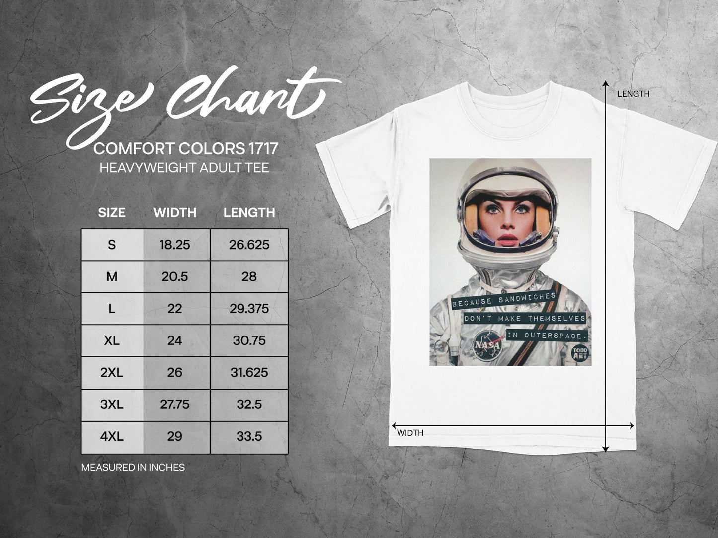 Size chart for heavyweight adult tee with astronaut graphic.