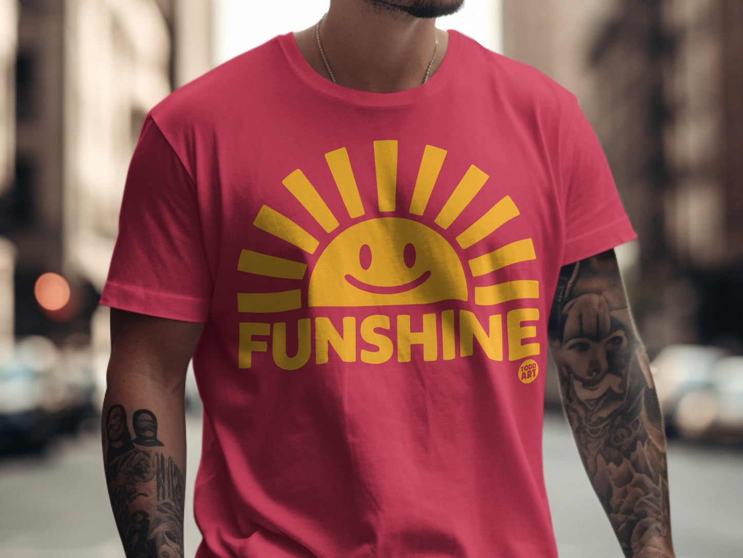 Red t-shirt with yellow sun graphic and "FUNSHINE" text.