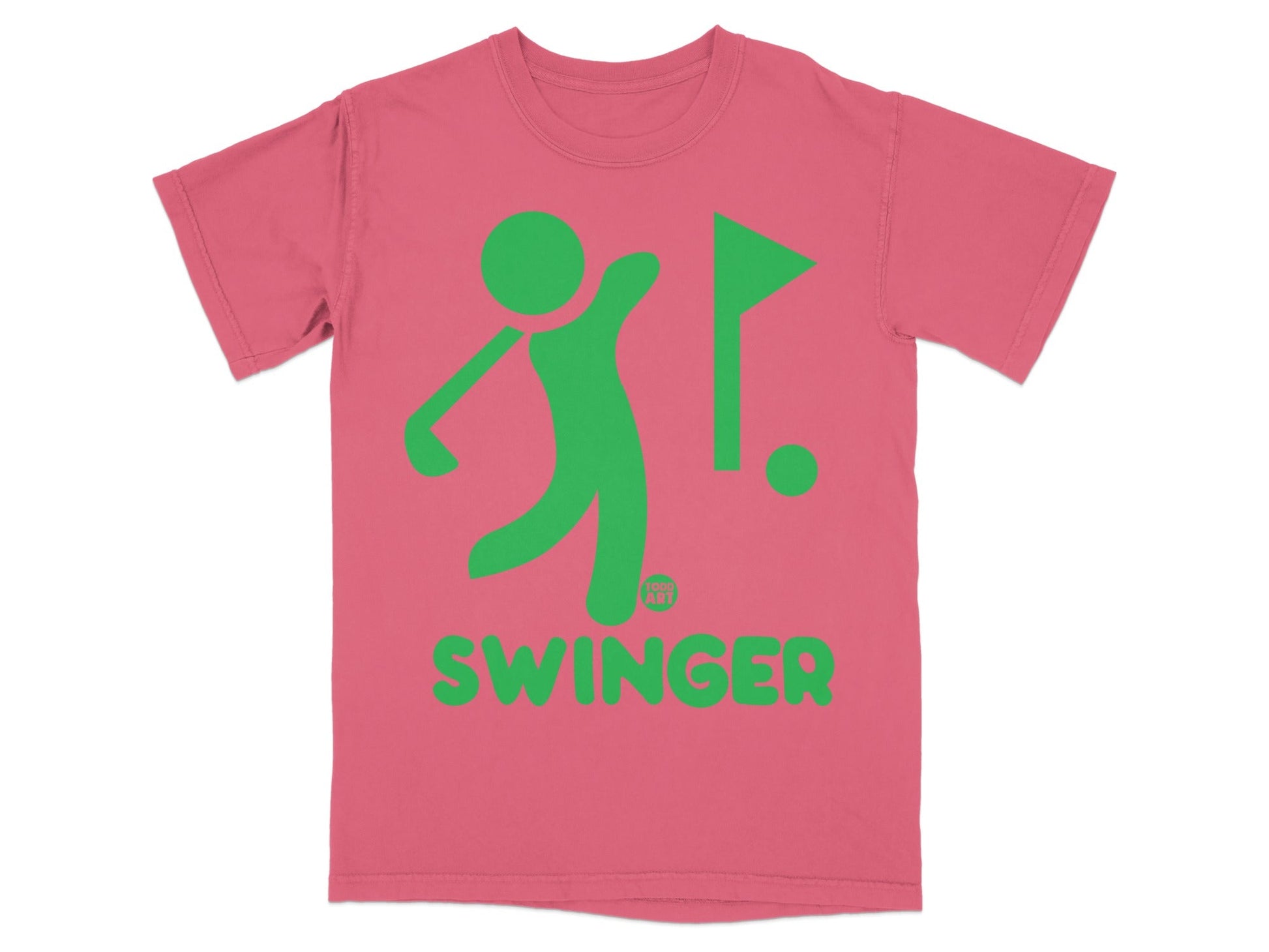Pink t-shirt with green golfer swinging at a flag and ball, text "SWINGER" below.