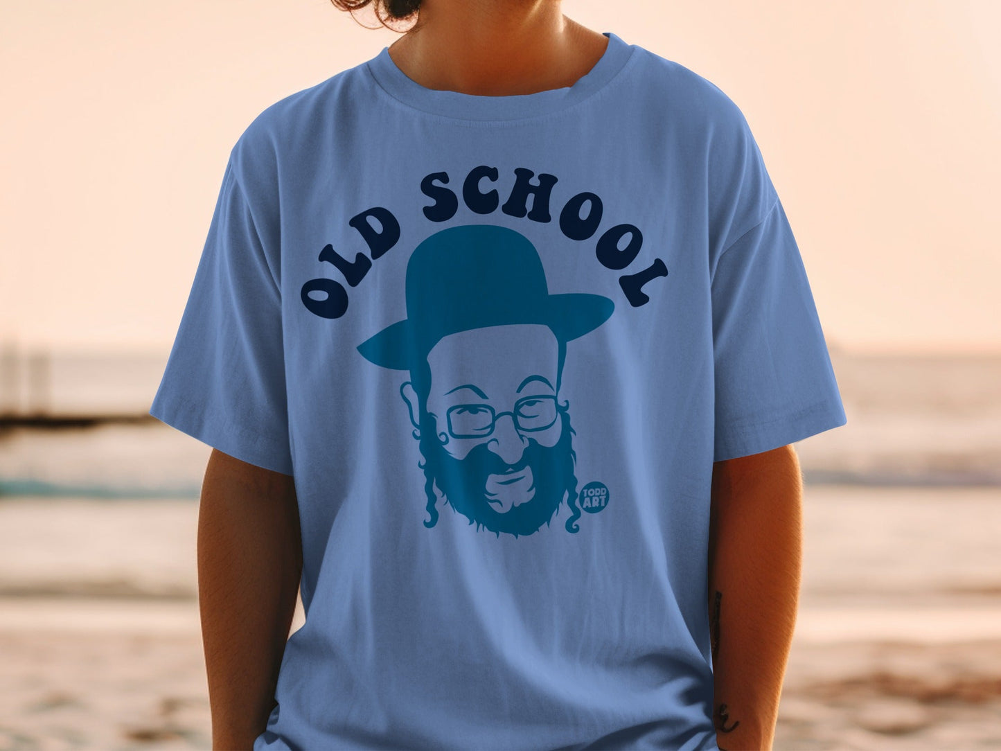 Blue t-shirt with "OLD SCHOOL" text and cartoon portrait of a man.