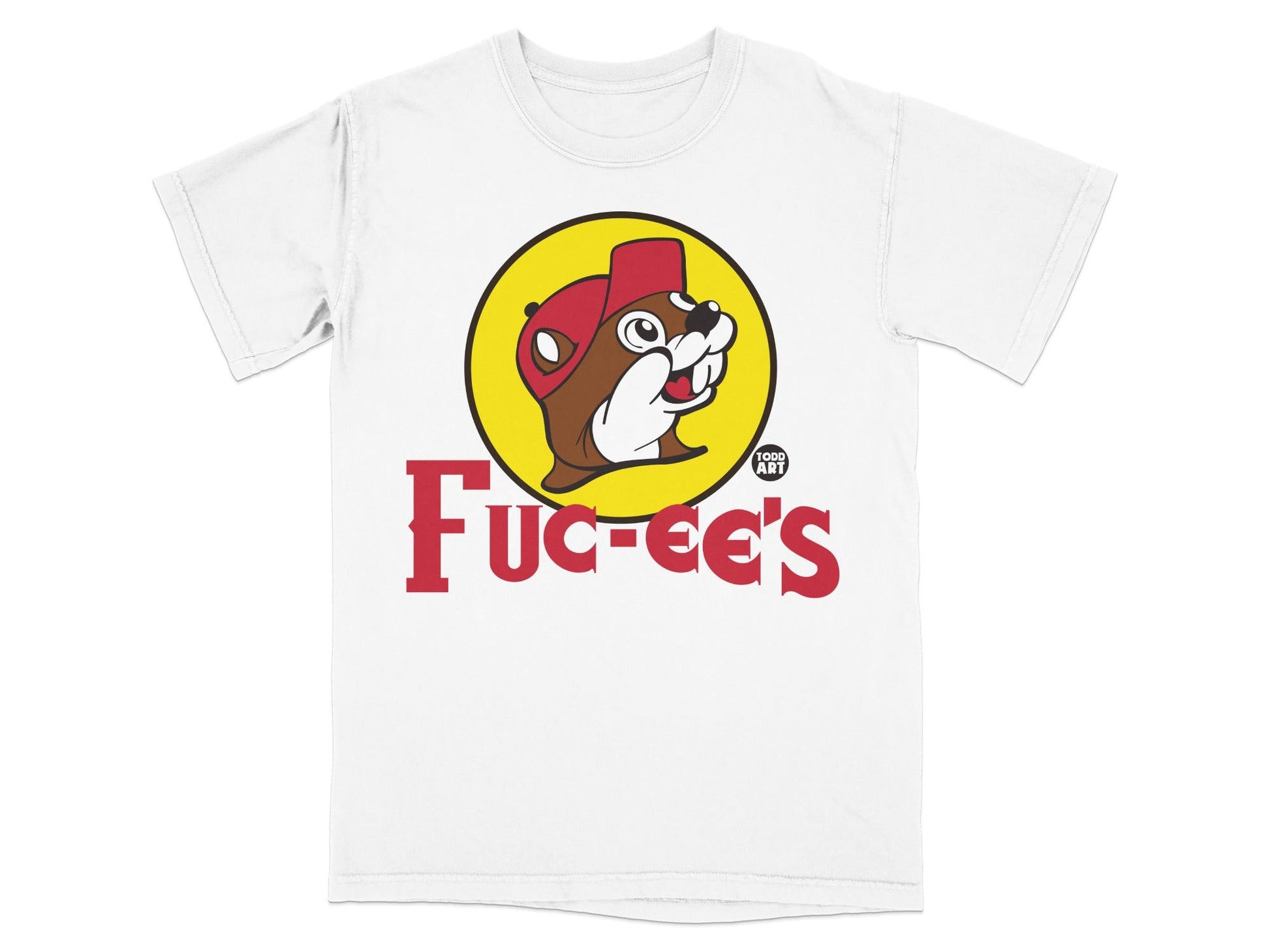 White t-shirt with "Fuc-ee's" logo featuring a beaver in a red hat.