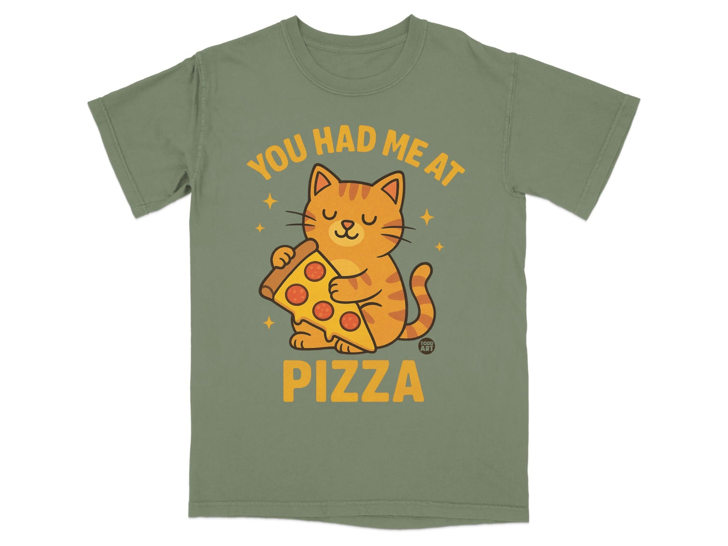 Orange cat holding pizza slice with text "YOU HAD ME AT PIZZA".