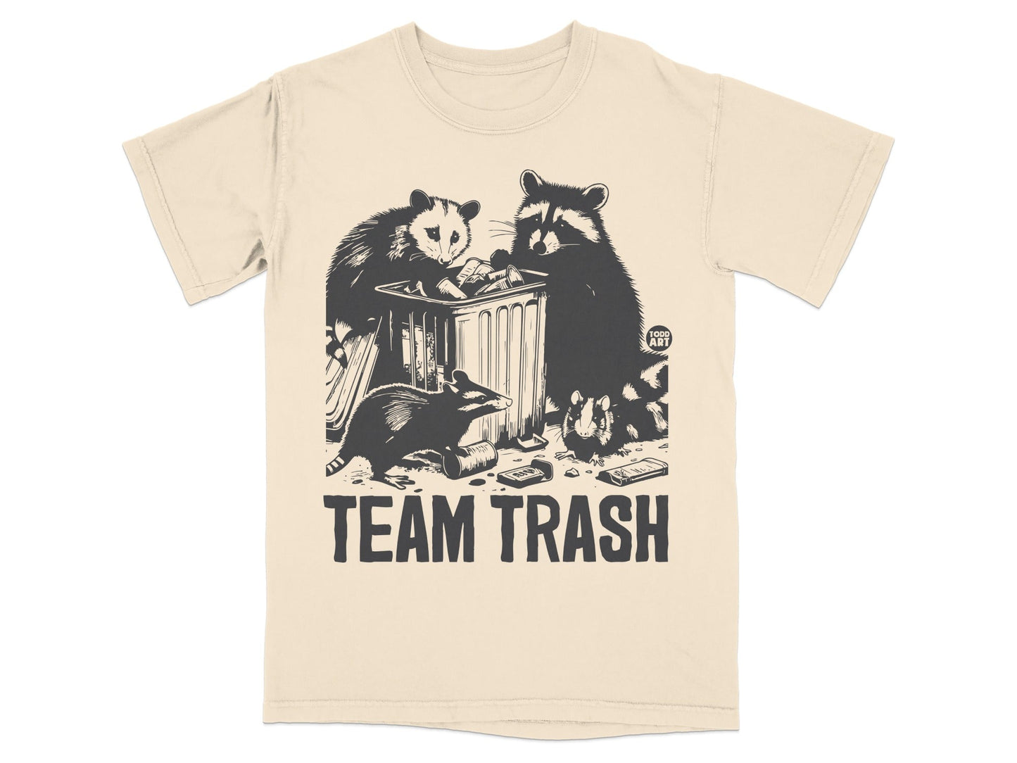 Two raccoons and a possum around a trash can with "TEAM TRASH" text.
