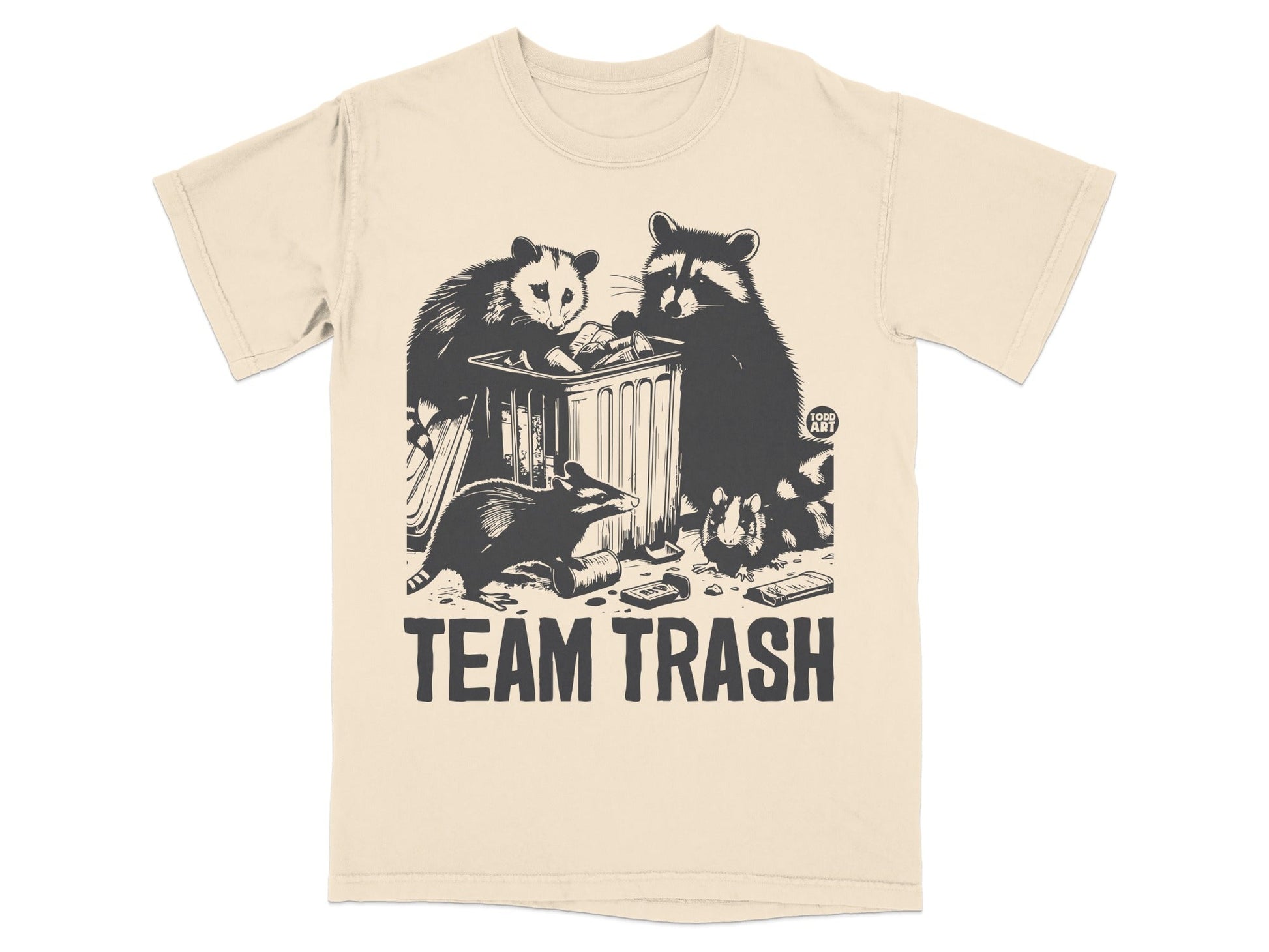 Two raccoons and a possum around a trash can with "TEAM TRASH" text.