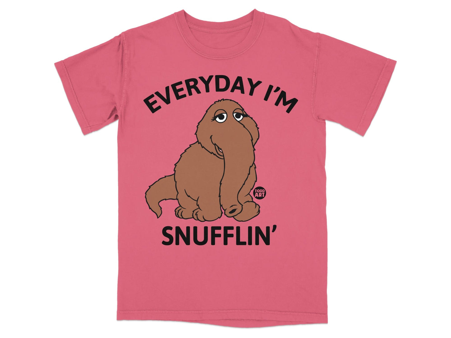 Pink t-shirt with artwork of a brown cartoon elephant and the text "EVERYDAY I'M SNUFFLIN'".