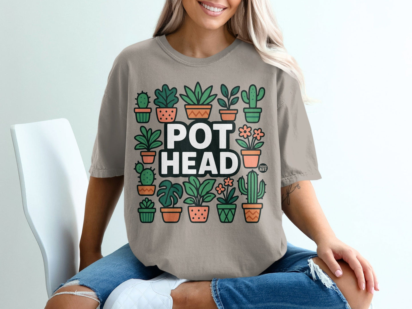 T-shirt with "Pot Head" text surrounded by potted plants.